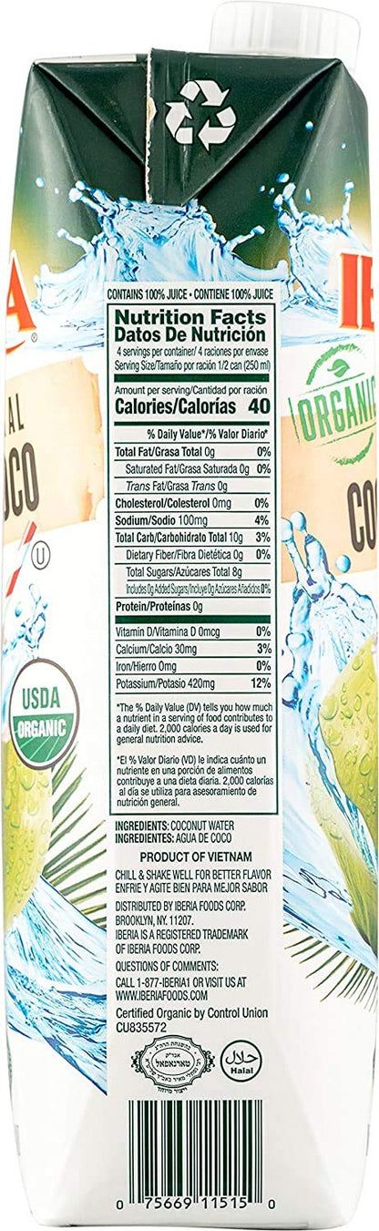 Iberia 100% Pure Organic Coconut Water, 1 Liter , 33.8 Fl Oz (Pack of 3)
