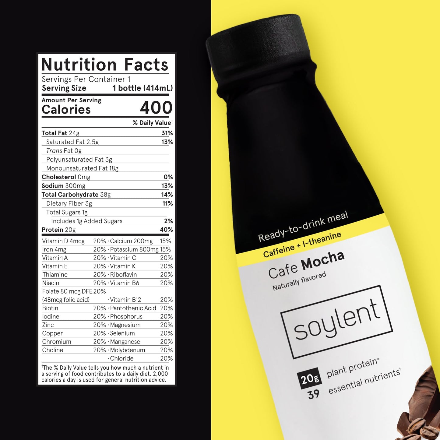 Soylent Vanilla and Cafe Mocha Meal Replacement Shake Bundle, Ready-to-Drink Plant Based Protein Drinks, Contains 20g Complete Vegan Protein and 1g Sugar, 14oz, 12 Pack