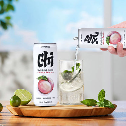 CHI FOREST White Peach Sparkling Water 24 Cans, Flavored SparklingWater, 0 Sugar and 0 Calorie BubblyWater, Refreshing Carbonated Water, Perfect for Party, Exercise or Work, 11.16 Fl oz, Pack of 24