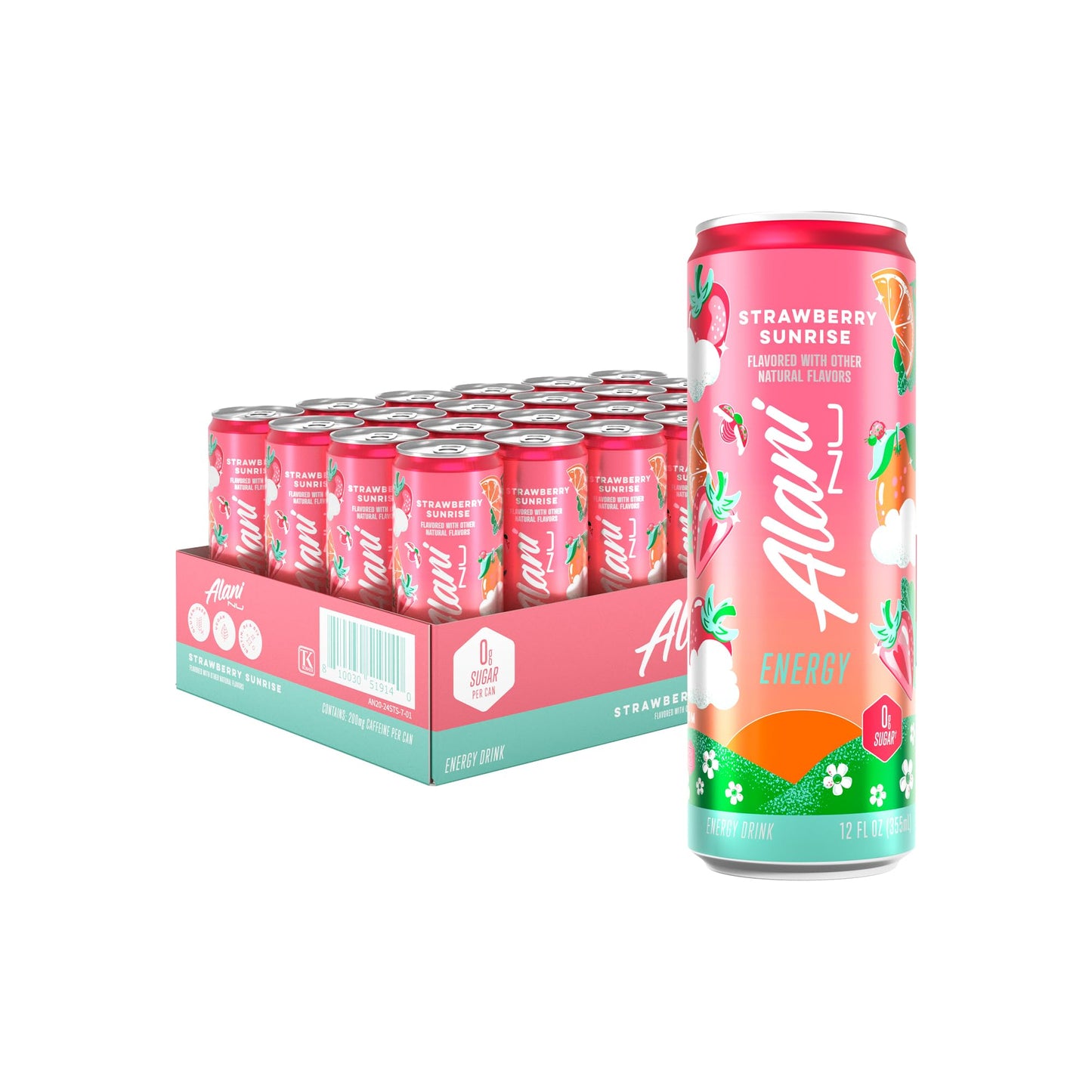 Alani Nu STRAWBERRY SUNRISE Sugar Free, Low Calorie Energy Drinks, 200mg Caffeine, Biotin B Vitamins, Zero Sugar, 10 Calories, 12 Fl Oz Cans, 24 Pack