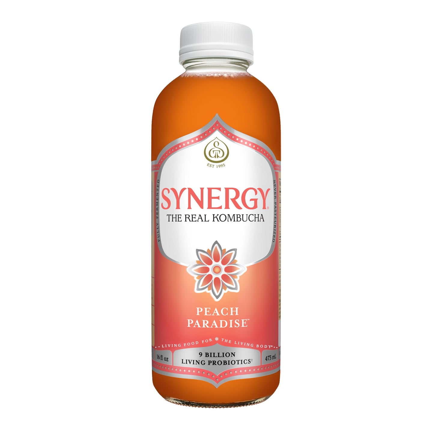 SYNERGY The Real Kombucha - Peach Paradise - 16 fl oz Bottle - Raw Probiotic Drink for Gut Health and Immune Support