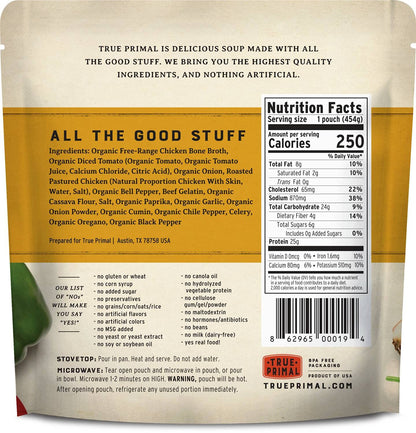 True Primal Southwest-Style Chicken Soup 8-pack, Ready to eat, Bone broth, Gluten free, Paleo, Pastured chicken, Whole30