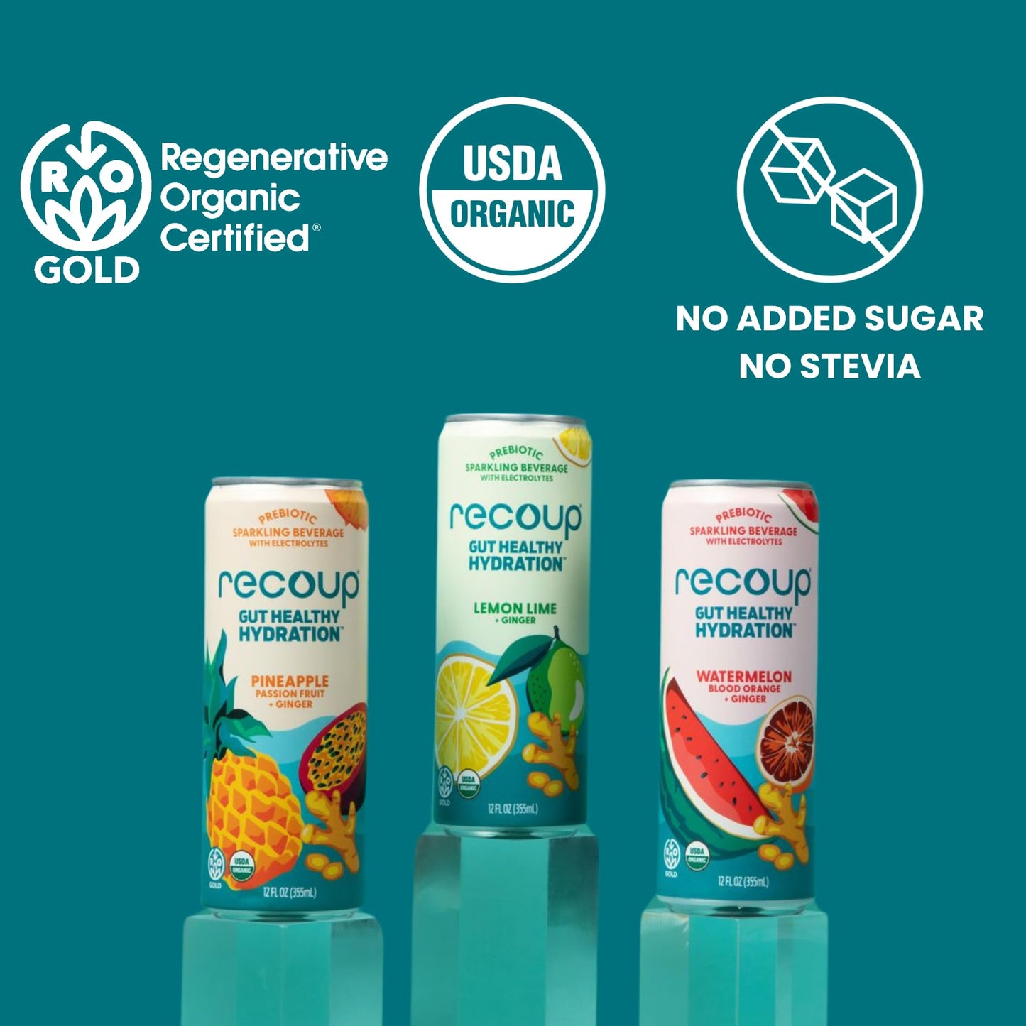 Recoup Organic Sparkling Prebiotic Drink - Ginger with Electrolytes for Gut Health Support & Hydration, No Added Sugar ((Pack of 12), Watermelon Blood Orange + Ginger)