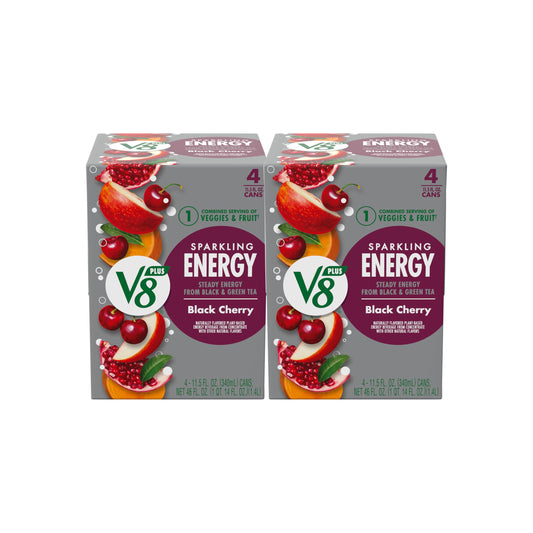 V8 +Energy Sparkling Black Cherry Juice Energy Drink, 11.5 fl oz Can (Pack of 8)