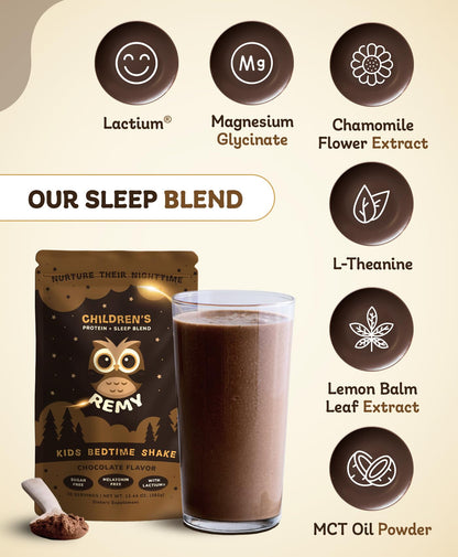 Remy Protein Sleep Aid Supplements for Kids, Melatonin-Free Formula, Lactium, L Theanine, Vitamin D, B6, Calcium & Herbal Extracts, Balanced Nutritional Drink, Non GMO, Powder