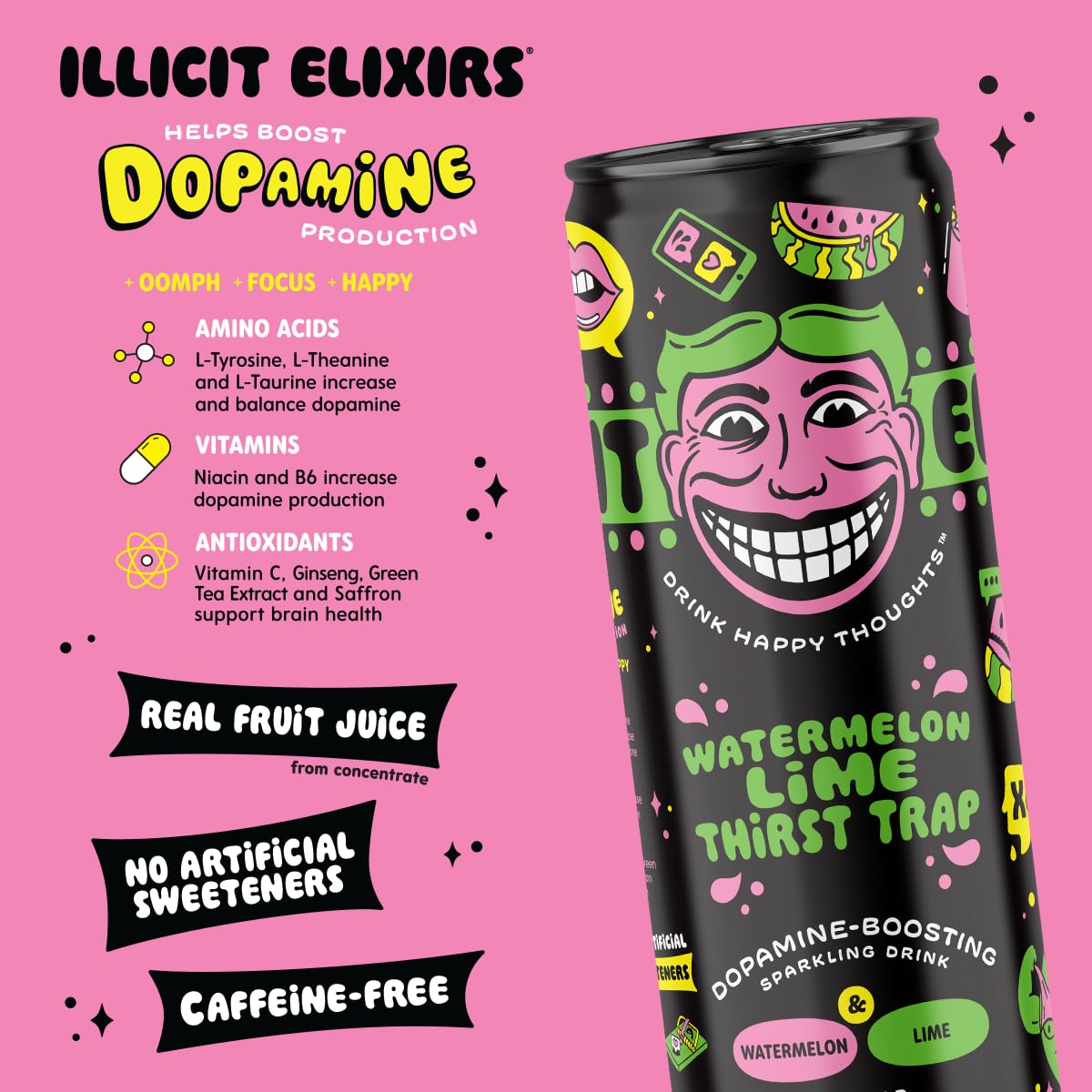 Illicit Elixirs - Sparkling Juice Mocktails with Real Fruit Juices and Functional Amino Acid Blend that Supports Dopamine Production - Non-Alcoholic & Caffeine Free (12 Pack, Watermelon Thirst Trap)