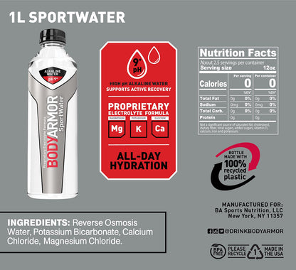 BODYARMOR Nutrition Sport Water Alkaline Water, Superior Hydration, pH Balanced Electrolyte Sports Formula, Supports Active Recovery, Perfect For Athletes, 1 Liter