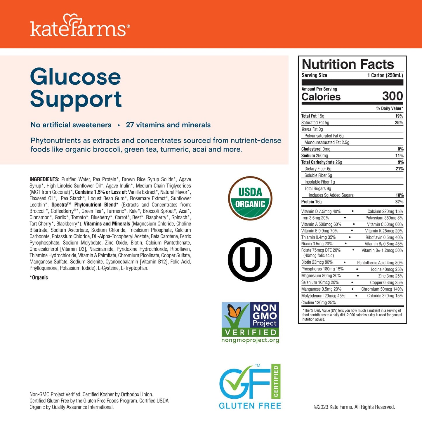 KATE FARMS Organic 1.2 Glucose Support Shake, Vanilla, 16g Protein, 27 Vitamins and Minerals, Diabetic Nutrition Meal Replacement, 8.45 oz (12 Pack)