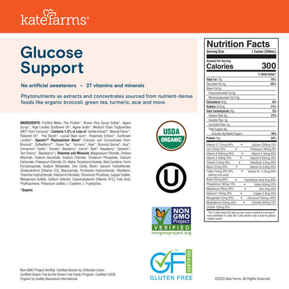 KATE FARMS Organic 1.2 Glucose Support Shake, Vanilla, 16g Protein, 27 Vitamins and Minerals, Diabetic Nutrition Meal Replacement, 8.45 oz (12 Pack)
