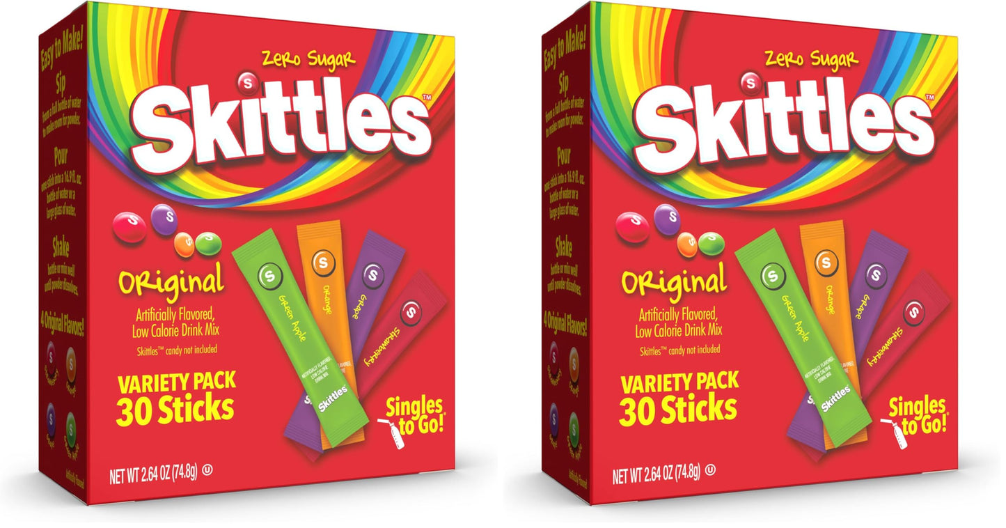 SINGLES TO GO! Skittles Variety Pack, Watertok Powdered Drink Mix, Zero Sugar, Low Calorie, Includes 4 Flavors: Green Apple, Strawberry, Grape, Orange, (30 Single Servings) (Pack of 2)