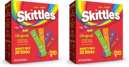 SINGLES TO GO! Skittles Variety Pack, Watertok Powdered Drink Mix, Zero Sugar, Low Calorie, Includes 4 Flavors: Green Apple, Strawberry, Grape, Orange, (30 Single Servings) (Pack of 2)