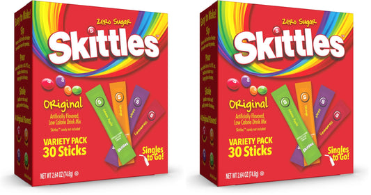 SINGLES TO GO! Skittles Variety Pack, Watertok Powdered Drink Mix, Zero Sugar, Low Calorie, Includes 4 Flavors: Green Apple, Strawberry, Grape, Orange, (30 Single Servings) (Pack of 2)