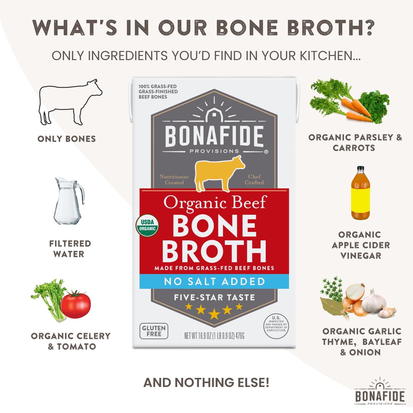 Bonafide Provisions Fresh Organic Beef Bone Broth - No Salt Added, 16.9oz - 6 Pack