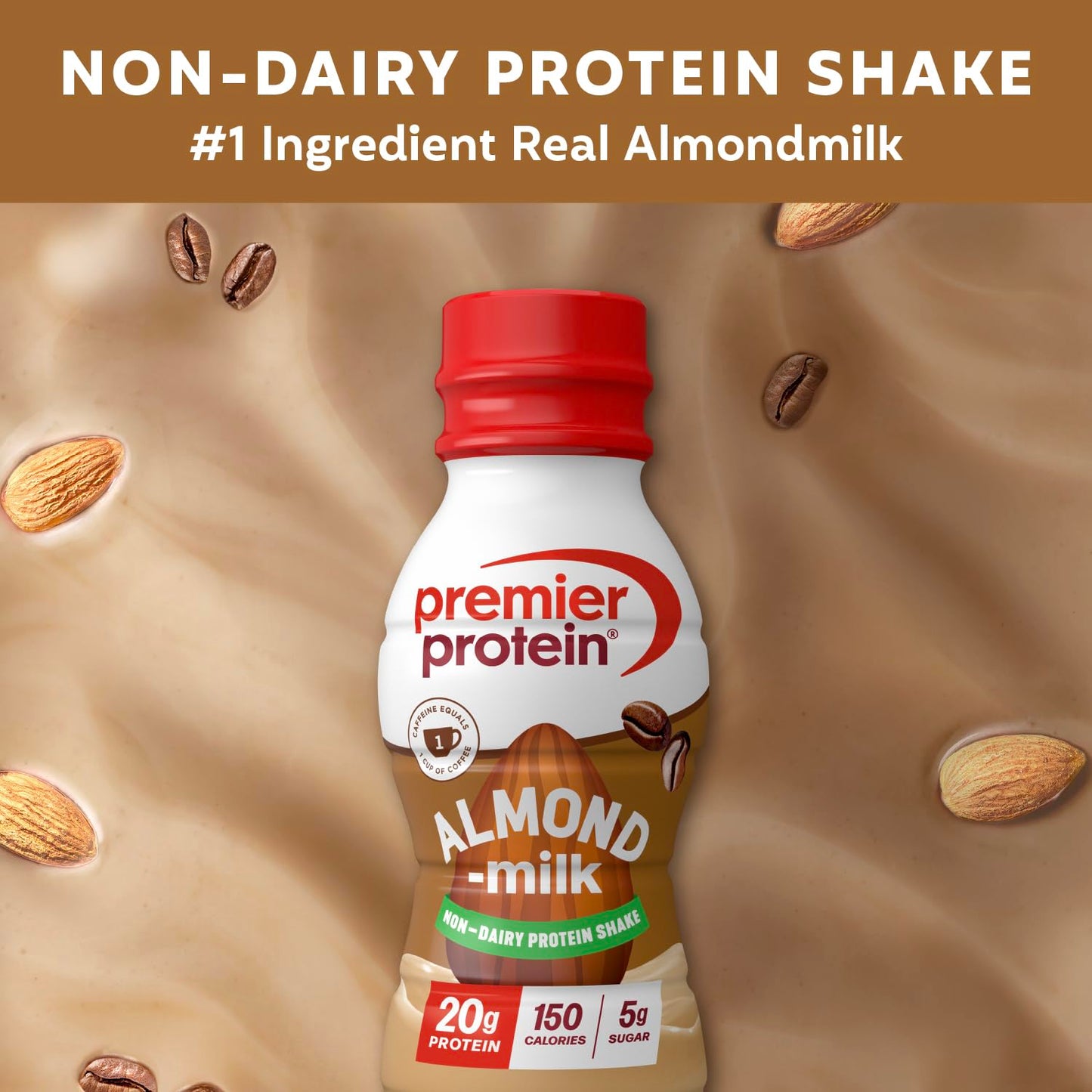 Premier Protein Non-Dairy Plant Based Almondmilk Protein Shake, Coffee with Caffeine for Energy – 20g Protein, 5g Sugar, 11.5 Fl oz (12 Pack)