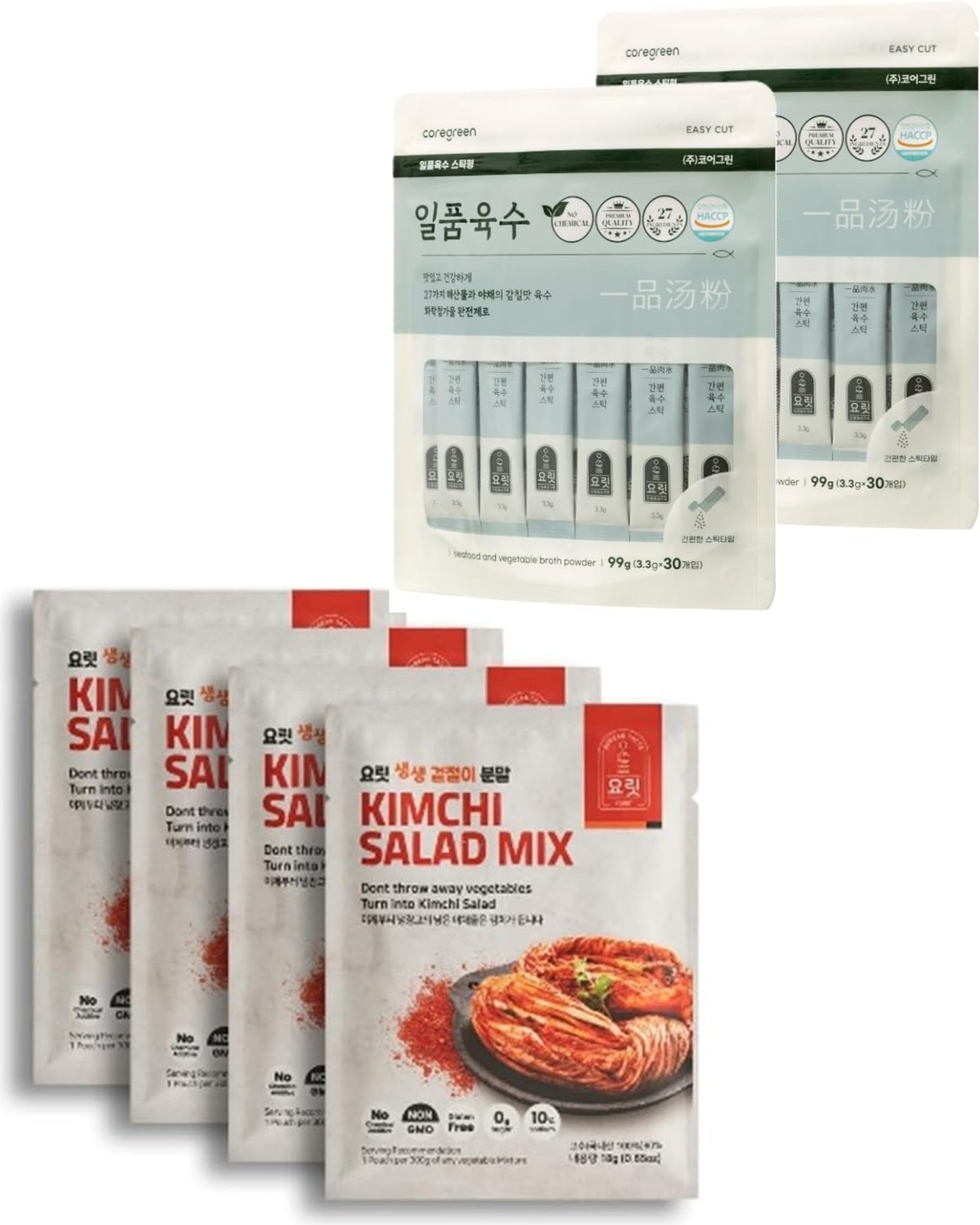 YORIT Excellent Broth Powder, 2 Pouches + Kimchi Salad Mix Natural Gochugaru Seasoning Powder, 4 Pack Bundle