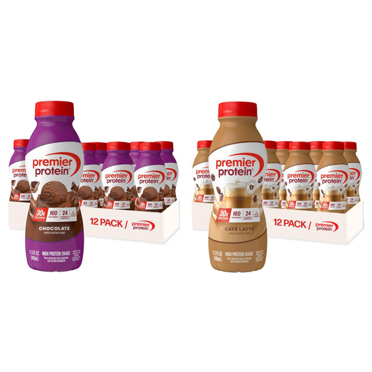 BUNDLE: Premier Protein Shake, Chocolate, 30g Protein 1g Sugar,11.5 fl oz (Pack of 12) + Premier Protein Shake, Café Latte, 30g Protein, 1g Sugar, 11.5 fl oz(Pack of 12)