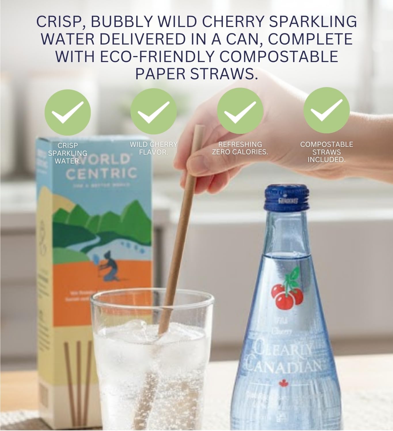 Clearly Canadian Sparkling Water – Water Sparkling Wild Cherry (11oz) Bundle with Straw Paper (50pc) for Refreshing Flavored Hydration and Convenient On-the-Go Sipping – Gift Set (2 Items)