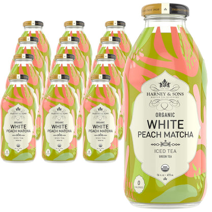 Harney & Sons White Peach Matcha Iced Tea, 16 fl oz Bottles (Pack of 12), Sugar-Free Brewed Green Tea with Matcha, Ready-to-Drink