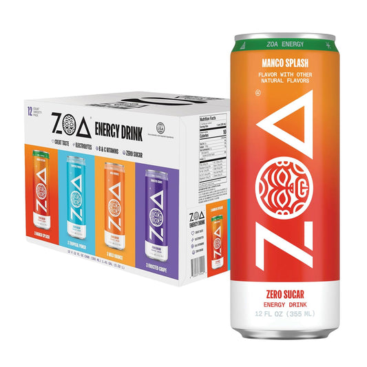 ZOA Zero Sugar Energy Drinks, Variety Pack - Sugar Free with Electrolytes, Healthy Vitamin C, Amino Acids, Essential B-Vitamins, and Caffeine from Green Tea (MS, TP, FG, WO)- 12 Fl Oz (12-Pack)