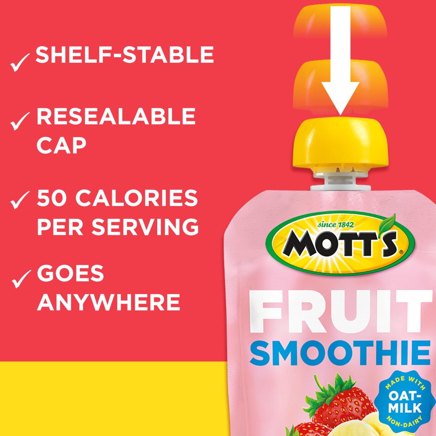 Mott’s Fruit Smoothies Strawberry Banana, 4.2 oz clear pouches, 8 Pack, Non-dairy, Made With Oatmilk, Made With Real Fruit, Good Source of Calcium, On-the-Go