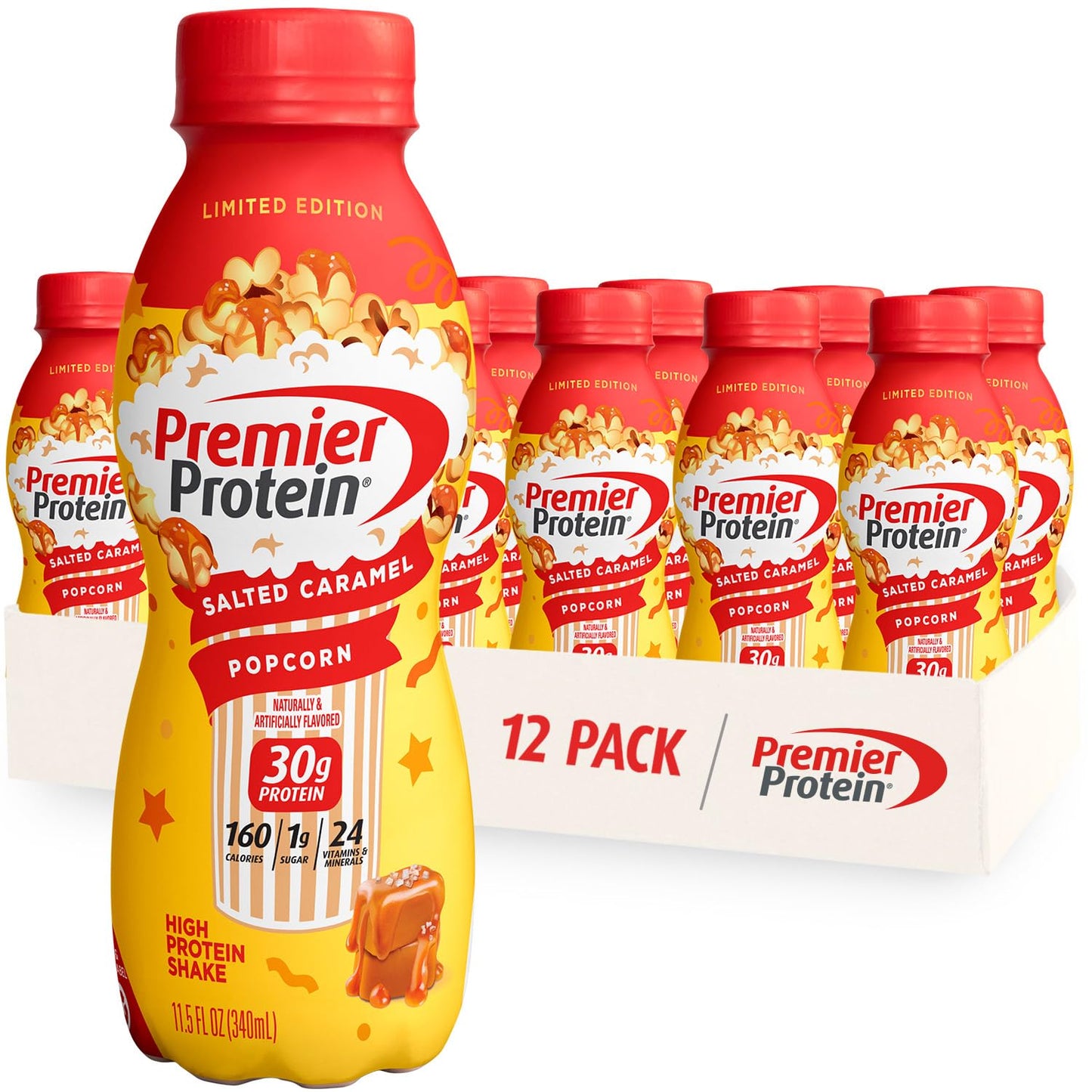 Premier Protein Shake Limited Edition Salted Caramel Popcorn and Bananas & Cream Flavors, 30g Protein, 24 Vitamins Minerals, 12 Pack Bundle