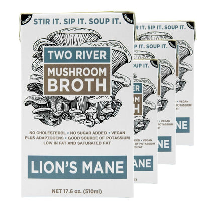 Two River Lion's Mane Mushroom Broth made with organic Lion's Mane and Shiitake Mushrooms, vegan plus adaptogens, perfect for sipping and souping, 510ml, 4ct (Pack of 4)