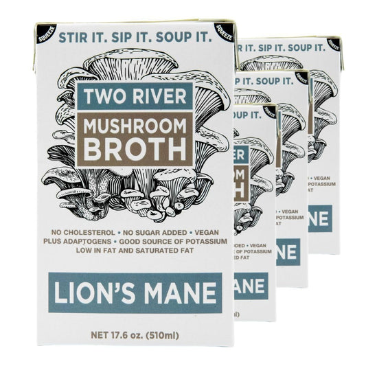 Two River Lion's Mane Mushroom Broth made with organic Lion's Mane and Shiitake Mushrooms, vegan plus adaptogens, perfect for sipping and souping, 510ml, 4ct (Pack of 4)
