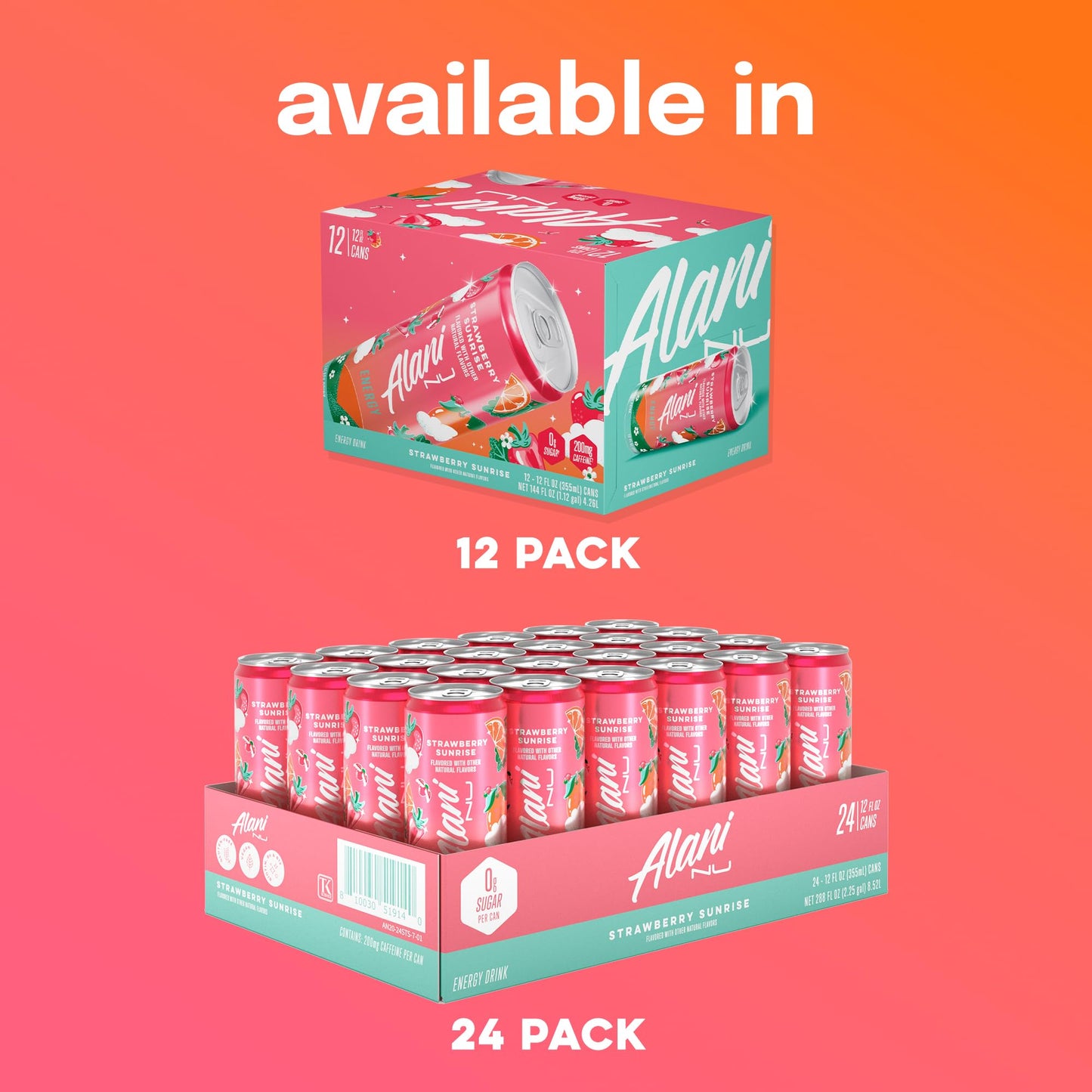 Alani Nu STRAWBERRY SUNRISE Sugar Free, Low Calorie Energy Drinks, 200mg Caffeine, Biotin B Vitamins, Zero Sugar, 10 Calories, 12 Fl Oz Cans, 24 Pack