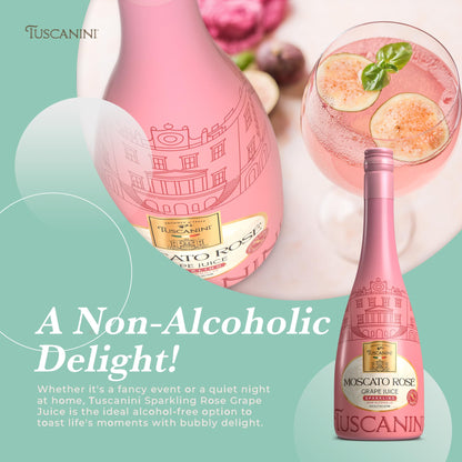 Tuscanini Italian Moscato Rose Sparkling Grape Juice, 25.3oz (2 Pack) | Non Alcoholic Sparkling Juice | Valentines Day Gift | Elegant Champagne Bottle | Imported from Italy | Great for Mocktails | Kosher