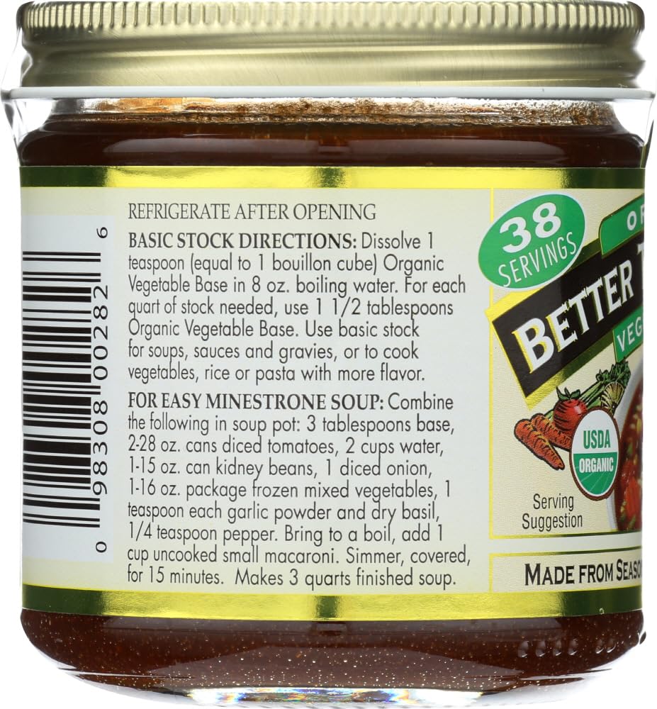 Better Than Bouillon Organic Vegetable Base, Made from Seasoned & Concentrated Vegetables, Organic & Vegan, Makes 9.5 Quarts of Broth, 8 OZ Jar (Pack of 3)