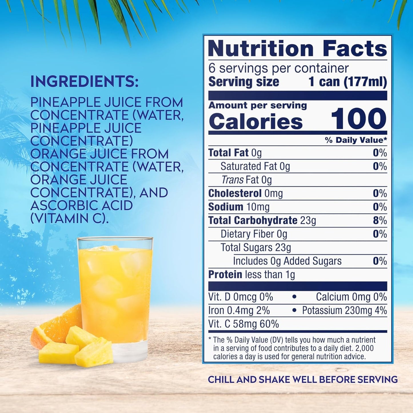 Dole 100% Pineapple Orange Juice, No Added Sugar, Excellent Source of Vitamin C, 100% Fruit Juice, 6 Fl Oz (Pack of 6), Packaging May Vary