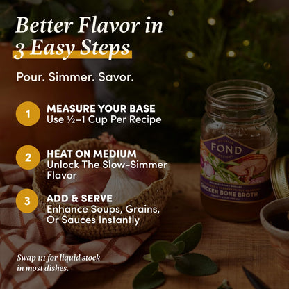 FOND Regenerative Pasture-Raised Chicken Bone Broth – Slow-Simmered Chicken Broth for Rich Flavor, Nutrient-Dense, Artisan Quality – 4 Different Flavors, Variety Pack – 14 oz (4-Pack)