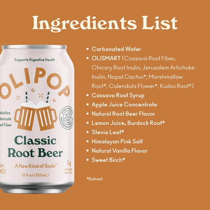 OLIPOP - Classic Root Beer Sparkling Tonic, Healthy Soda, Prebiotic Soft Drink, Aids Digestive Health, Contains Prebiotics & 9g of Plant Fiber, Caffeine Free, Low Calorie, Low Sugar, 12 oz