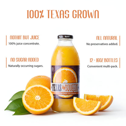 Texas Squeeze Orange Juice, NON GMO Verified, Texas Grown and Bottled, Orange Juice from Concentrate, No Sugar Added, No Preservatives, 16 fl oz, Pack of 12