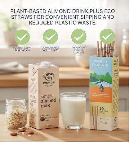 3x Milk Almond Organic Simple 32 fl oz Bundle with Paper Drinking Straws 50-Count – Smooth Plant-Based Almond Beverage with Sea Salt for Everyday Refreshment — Gift Set (4 Items)