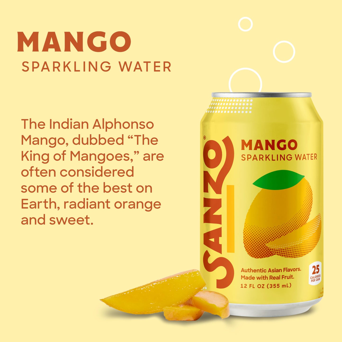 Sanzo Flavored Sparkling Water - Mango Seltzer - Low Calorie Low Sugar - Craft Asian Drinks - Vegan Gluten Free Carbonated Flavored Water - Fizzy Bubbly Healthy Drinks - 12oz, 6 Pack