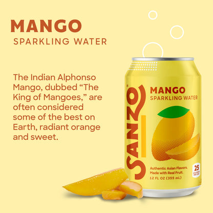 Sanzo Flavored Sparkling Water - Mango Seltzer - Low Calorie Low Sugar - Craft Asian Drinks - Vegan Gluten Free Carbonated Flavored Water - Fizzy Bubbly Healthy Drinks - 12oz, 6 Pack