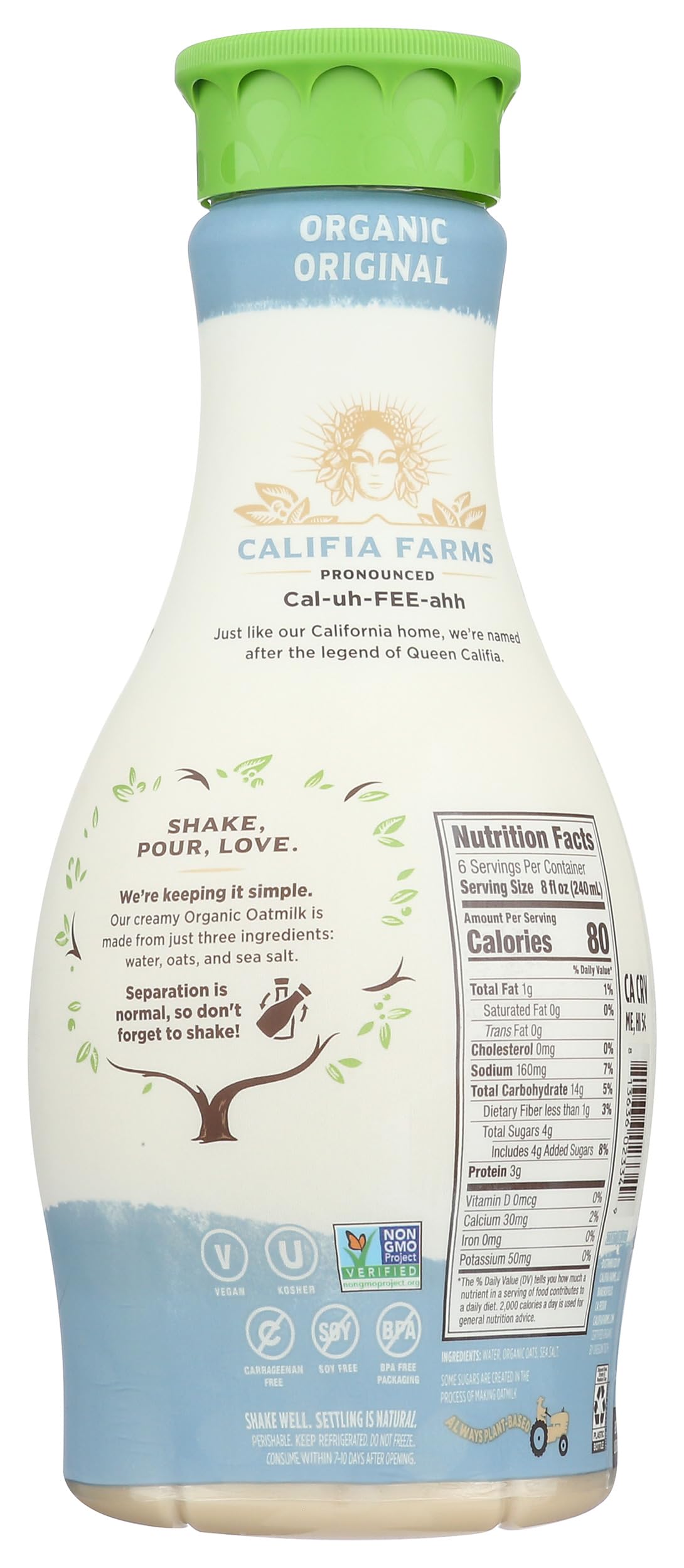 Califia Farms - Organic Original Oat Milk, 48 Oz, Dairy Free, Plant Based, Vegan, Non GMO, USDA Organic Milk