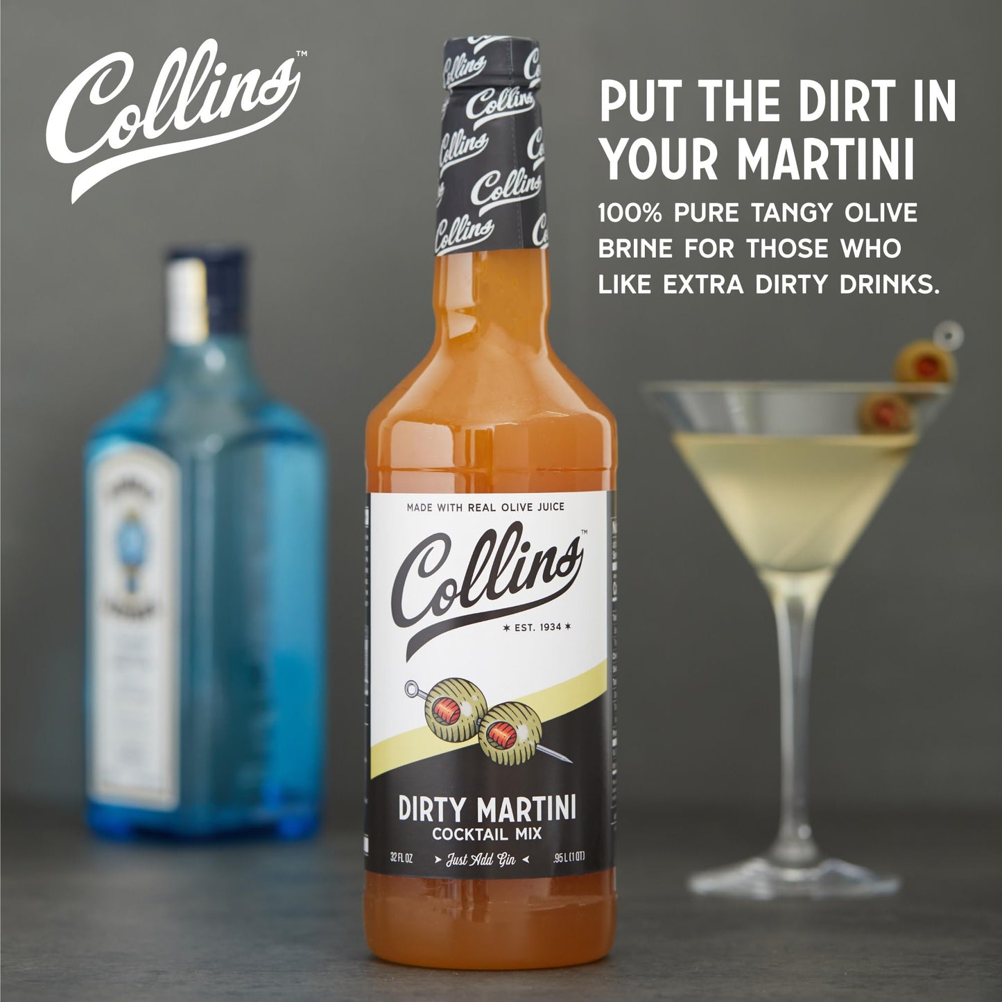 Collins Dirty Martini Mix, Made With Real Olive Brine for the Bold Flavor You Need, Classic Cocktail Recipe Ingredient, Bartender Mixer, Drinking Gifts, Home Cocktail bar, Set of 6 32 fl oz Bottles