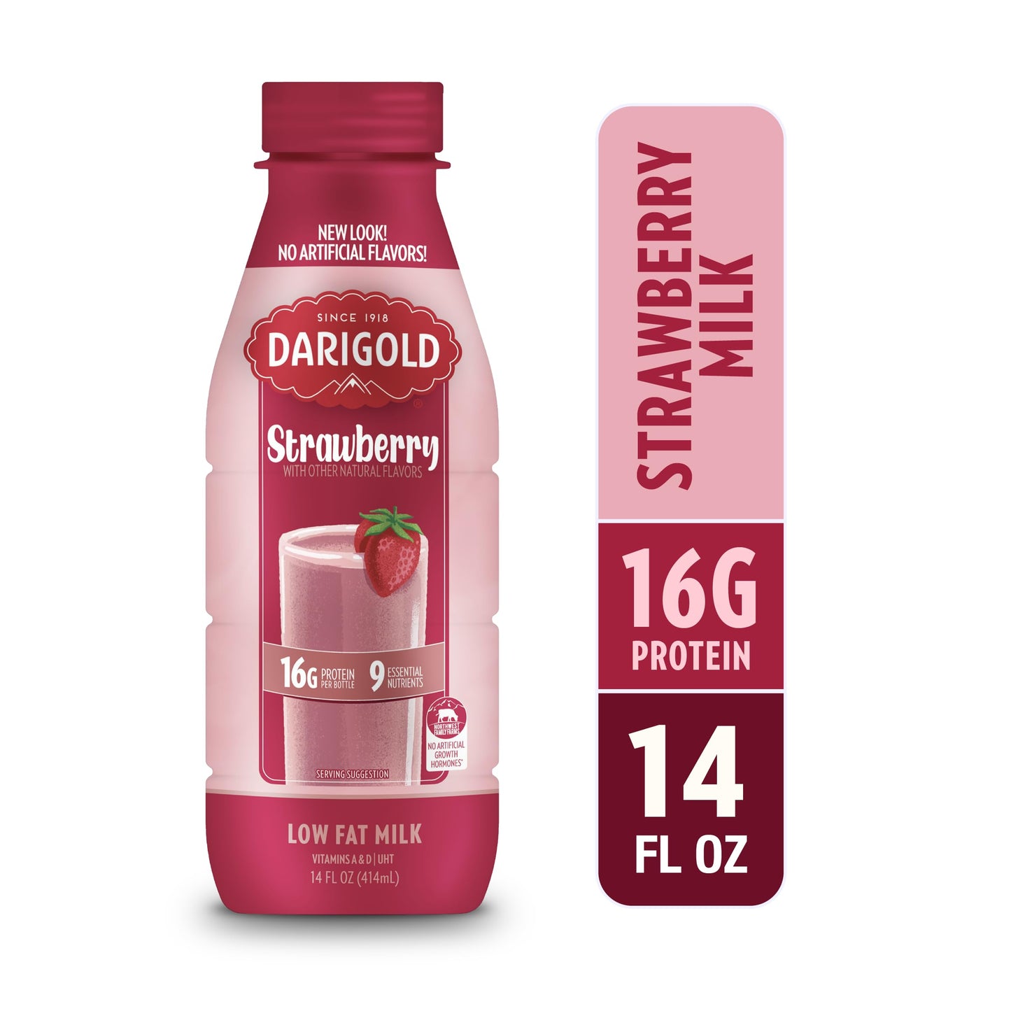 Darigold 1 Percent Milk, Reduced Fat Shelf Stable Milk with 9 Essential Nutrients, 16g Protein, rsBT Free - 14oz, 12 Pack (Strawberry)