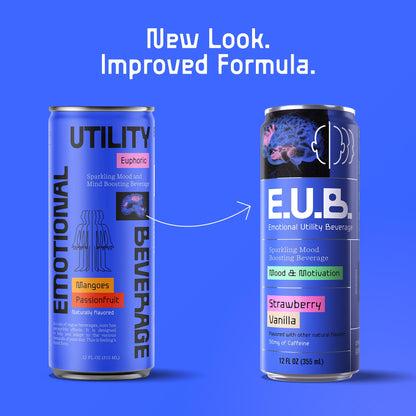 E.U.B. Strawberry Vanilla Sparkling Functional Beverage, 12oz Can, 50mg Caffeine, 25 Calories, with Nootropics & Adaptogens for Mood & Energy Support