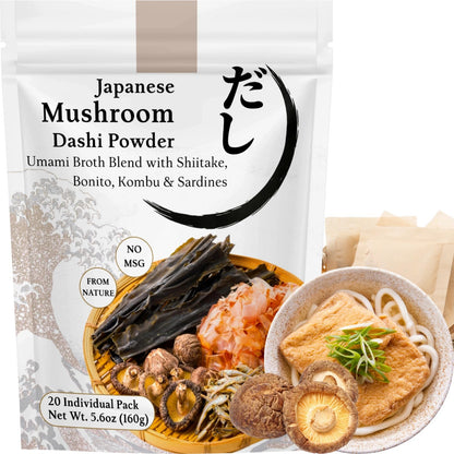 Japanese Mushroom Dashi Powder Soup Base - Natural Umami Dashi Soup Seasoning Stock with Shiitake, Bonito & Kombu, 20x8g Packs for Ramen, Udon, Miso Soup, Hot Pot(5.6oz)