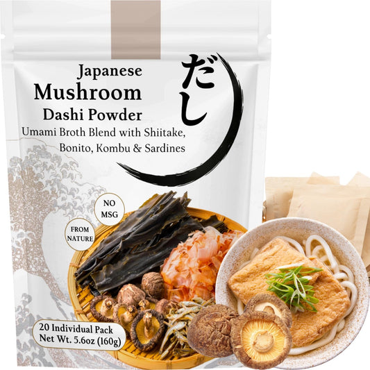 Japanese Mushroom Dashi Powder Soup Base - Natural Umami Dashi Soup Seasoning Stock with Shiitake, Bonito & Kombu, 20x8g Packs for Ramen, Udon, Miso Soup, Hot Pot(5.6oz)