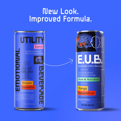 E.U.B. Mango Passionfruit Sparkling Functional Beverage, 12oz Can, 50mg Caffeine, 25 Calories, with Nootropics & Adaptogens for Mood & Energy Support