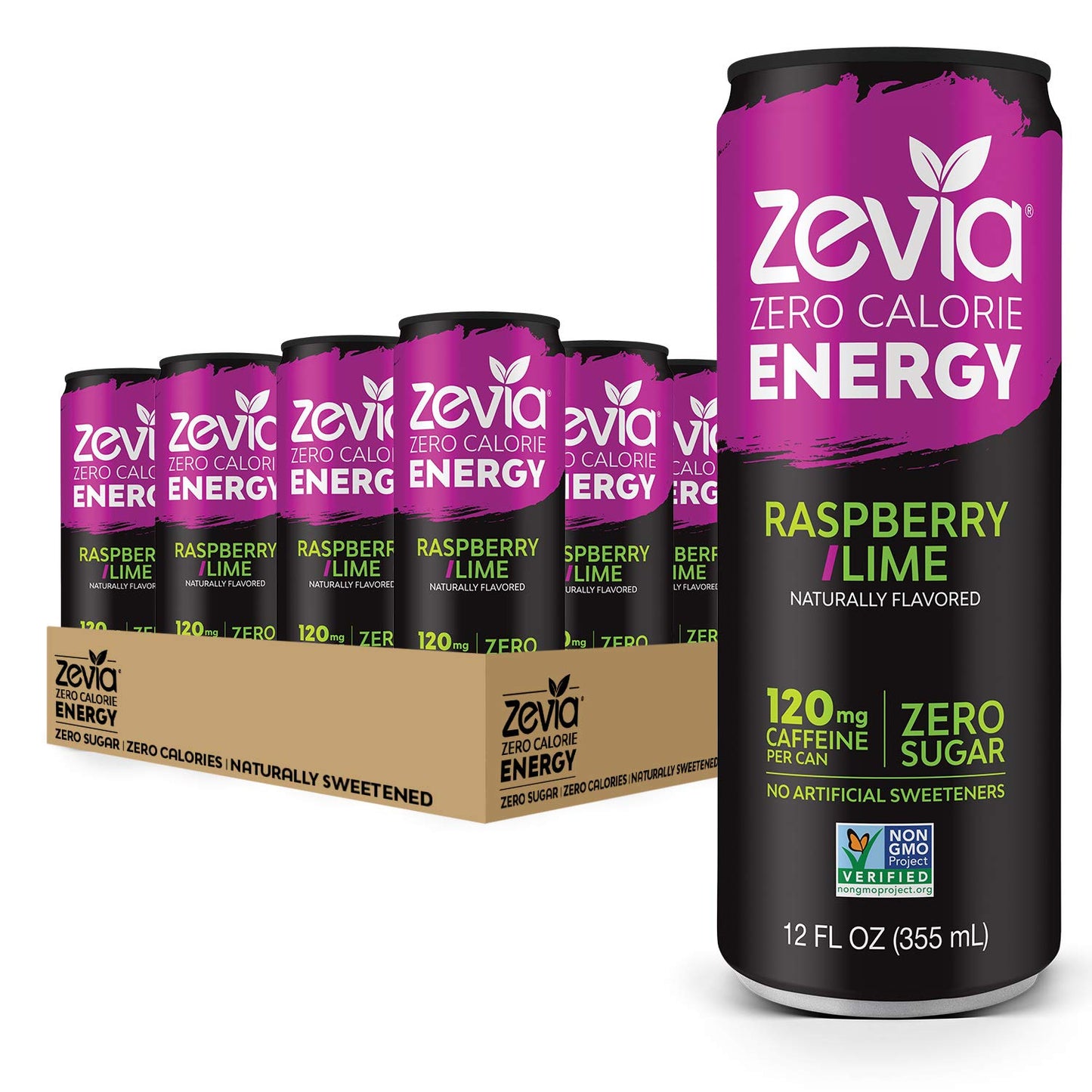 Zevia Zero Calorie Soda, Cola, 12 Ounce Cans (Pack of 24) and Zevia Zero Calorie Energy Drink, Raspberry Lime, 12 Ounce Cans (Pack of 12)