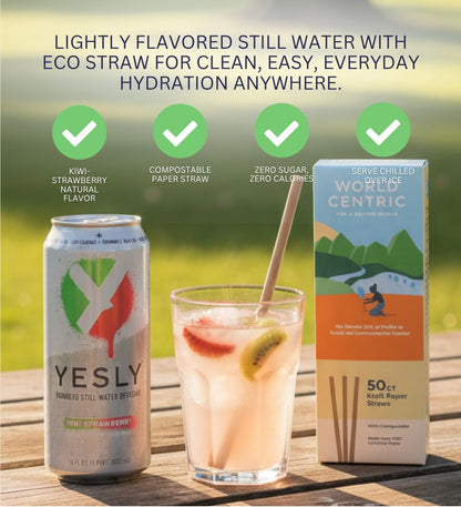 Functional Kiwi Water 16 fl oz Bundle with 50x Paper Straws — Flavored Water Vitamin C & B Complex Enhanced Hydrating Drink — Gift Set (2 Items)