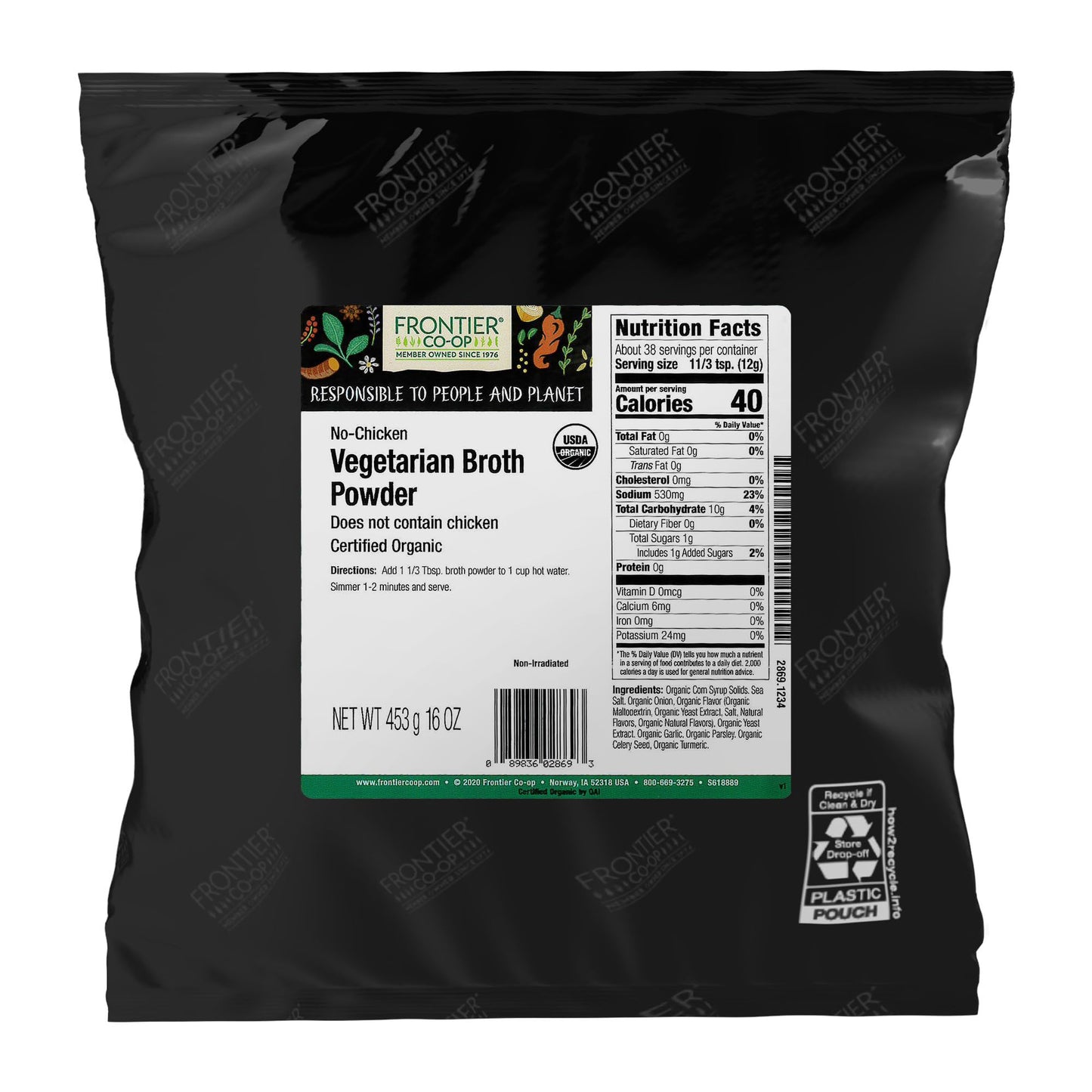Frontier Co-op Organic No-Chicken Vegetarian Broth Powder, Bulk Bag, Organic Vegetable Soup Base Mix for Soups, Stews, Hot Drinks, Restaurant Supply | 16 Ounce (Pack of 1)