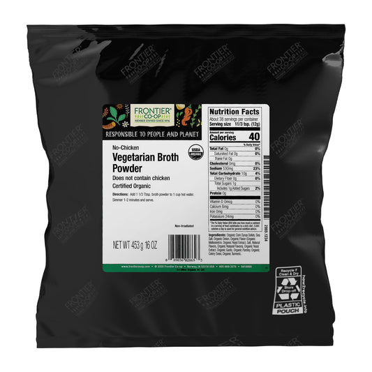 Frontier Co-op Organic No-Chicken Vegetarian Broth Powder, Bulk Bag, Organic Vegetable Soup Base Mix for Soups, Stews, Hot Drinks, Restaurant Supply | 16 Ounce (Pack of 1)