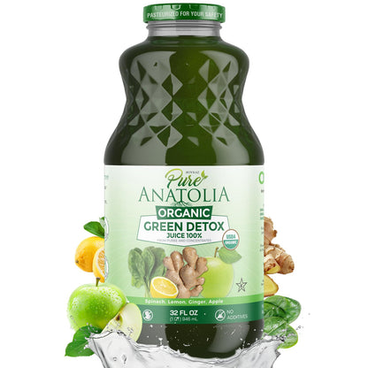 Organic Green Detox Juice by Pure Anatolia, Apple Spinach Lemon Ginger mix juice, USDA Organic Fruit and Vegetables Juice, Vegan, No added Sugar Pack of 6