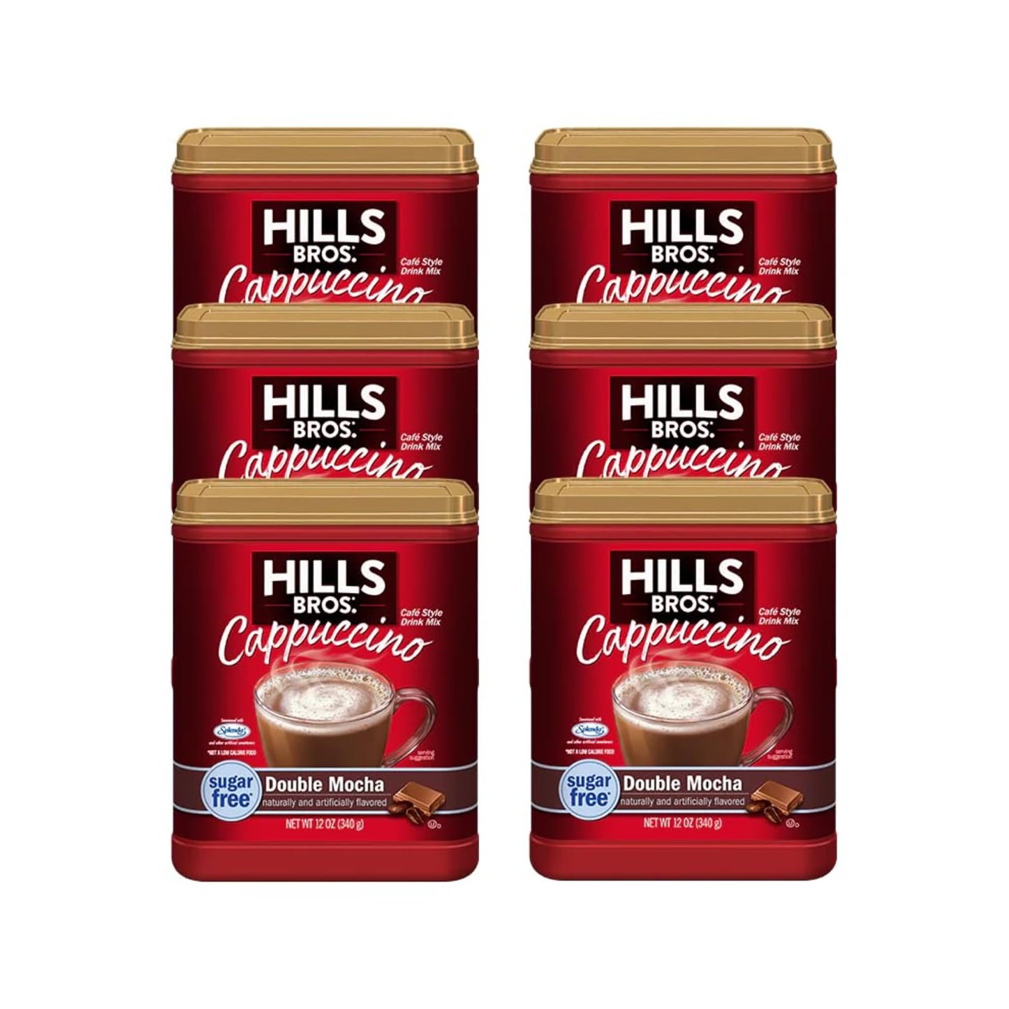 Hills Bros. Instant Sugar-Free Double Mocha Cappuccino Mix - Easy to Use, Enjoy Coffeehouse Flavor From Home - Frothy, Decadent Cappuccino With 0% Sugar and 10g of Carbs (Pack of 6)
